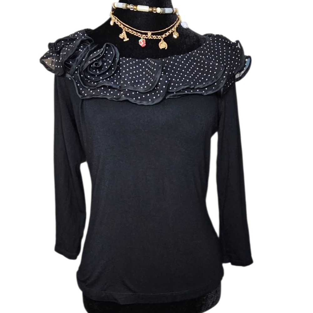 Ralph Lauren Petite Black Polka Dot Ruffle Top